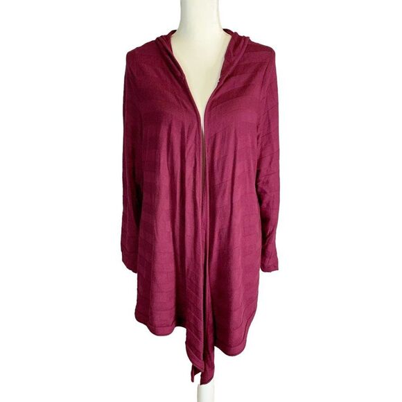 Long Sleeve Cranberry  Western Lagenlook Open Front Hooded Cardigan Plus Size 1X - Picture 2 of 5